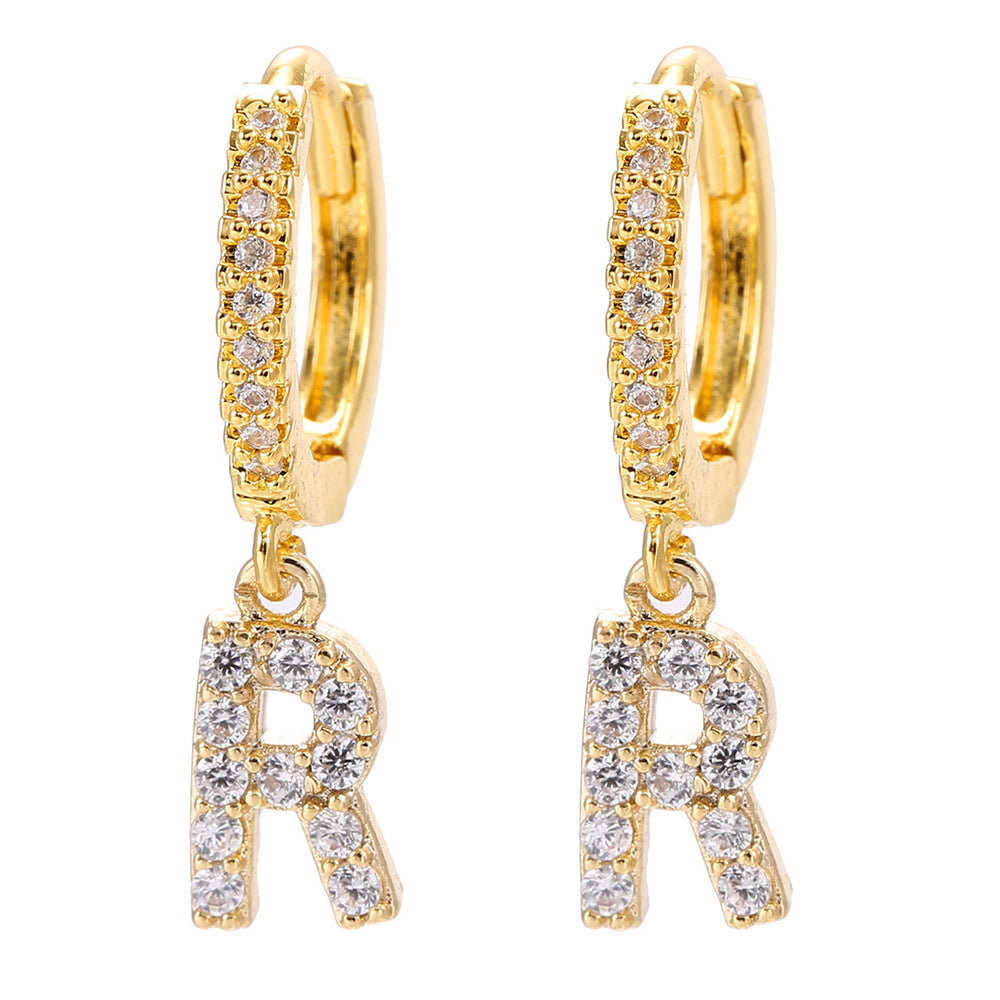 European and american gold-plated micro-paved zircon 26-letter initial pendant earrings - fashionable, unique, high-end, and chic hoop earrings with tassel detail