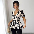 European and american cross-border women's summer  v-neck puff sleeve cinched waist printed design commuter blouse