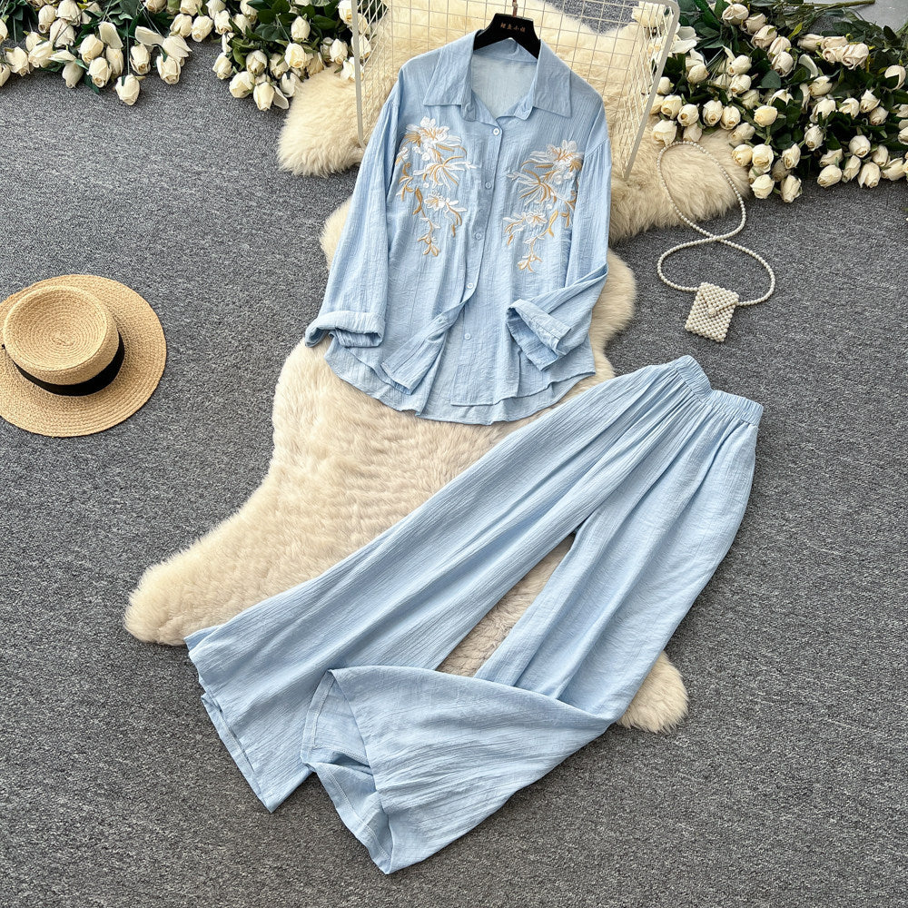 Lazy style pink embroidershirtloose pantstwo-piece set female autumlong sleevessequinwork clothingslimming lookelegantsuit