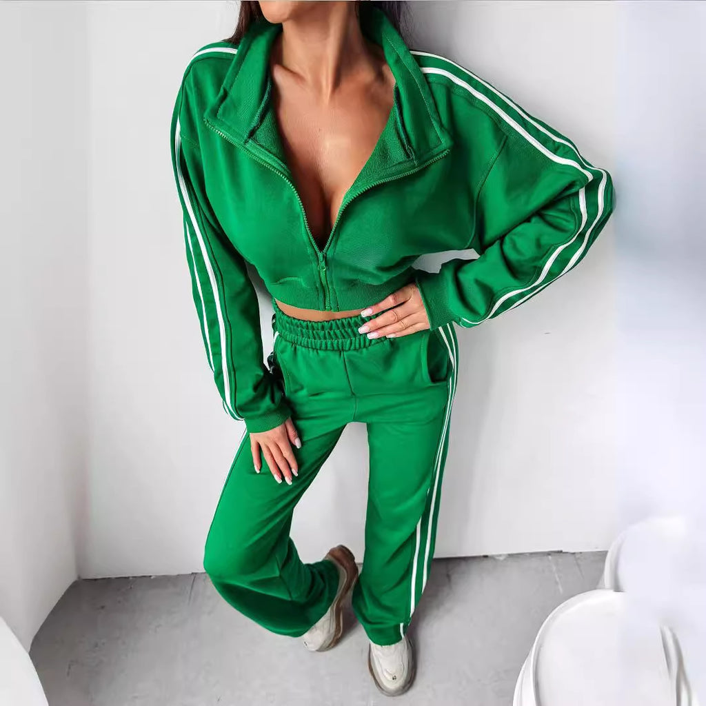 European and American casual fashion suit women's long-sleeved lapel zipper striped cardigan elastic trousers
