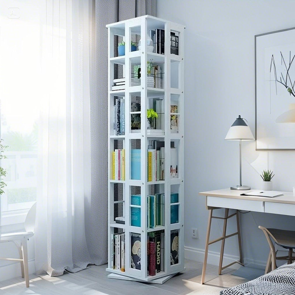 Rotating student bookshelf bookcase, mobile multi-tier kids storage floor rack, simple organizer, multifunctional living room shelf