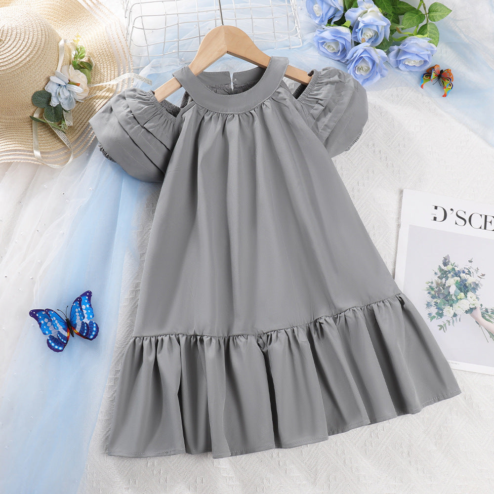 Girls' red summer dress - bubble sleeves, ruffle trim, bohemian style, off-shoulder party dress, korean style