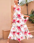spring new arrival: european and american style women's fashionable and sexy v-neck camisole dress with multi-layered print