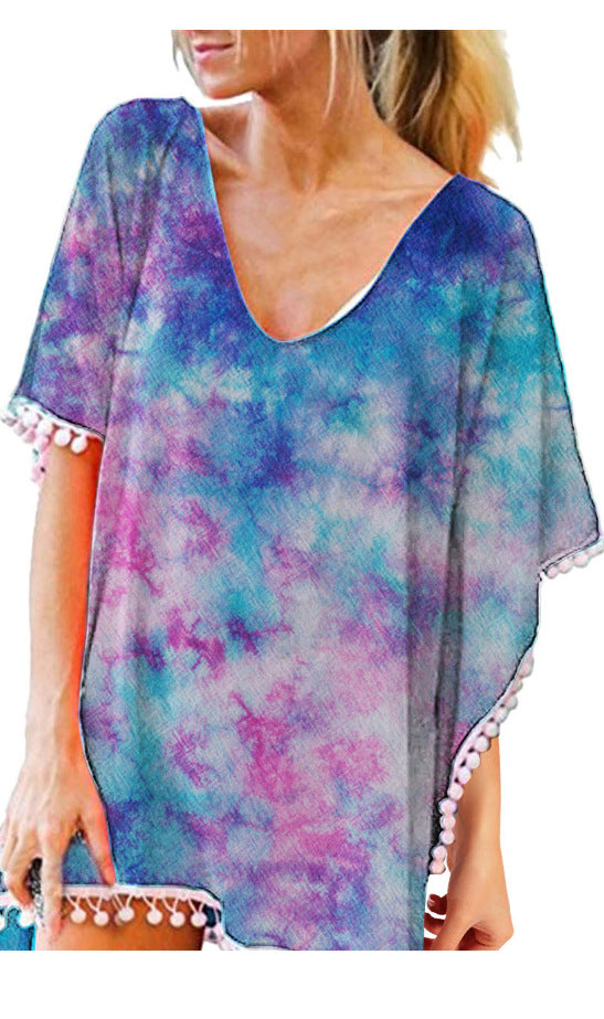 fashionnew arrivalprinting tassel small white ball chiffon beach skirt blouse ready-made trendy brand