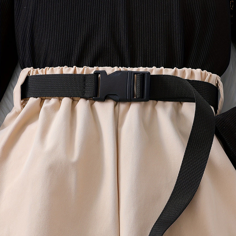 autumgirl handsome workwear pants two-piece set off-shoulder knittingtops belt casual jogger pants harem pants