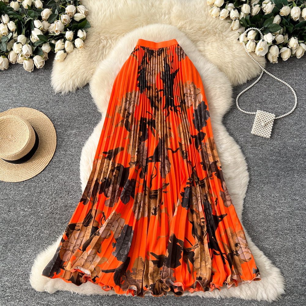 Vintage print pleated elastic waist fashion skirt - women's high-waisted a-line skirt - commute-friendly, flowy maxi skirt for summer
