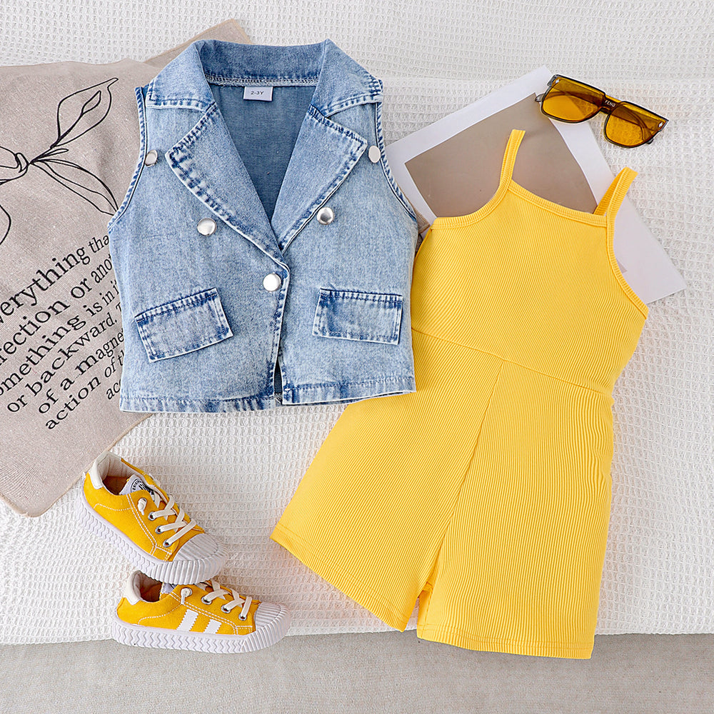 Children's clothing  cross-border european and american girls denim vest + suspender jumpsuit summer