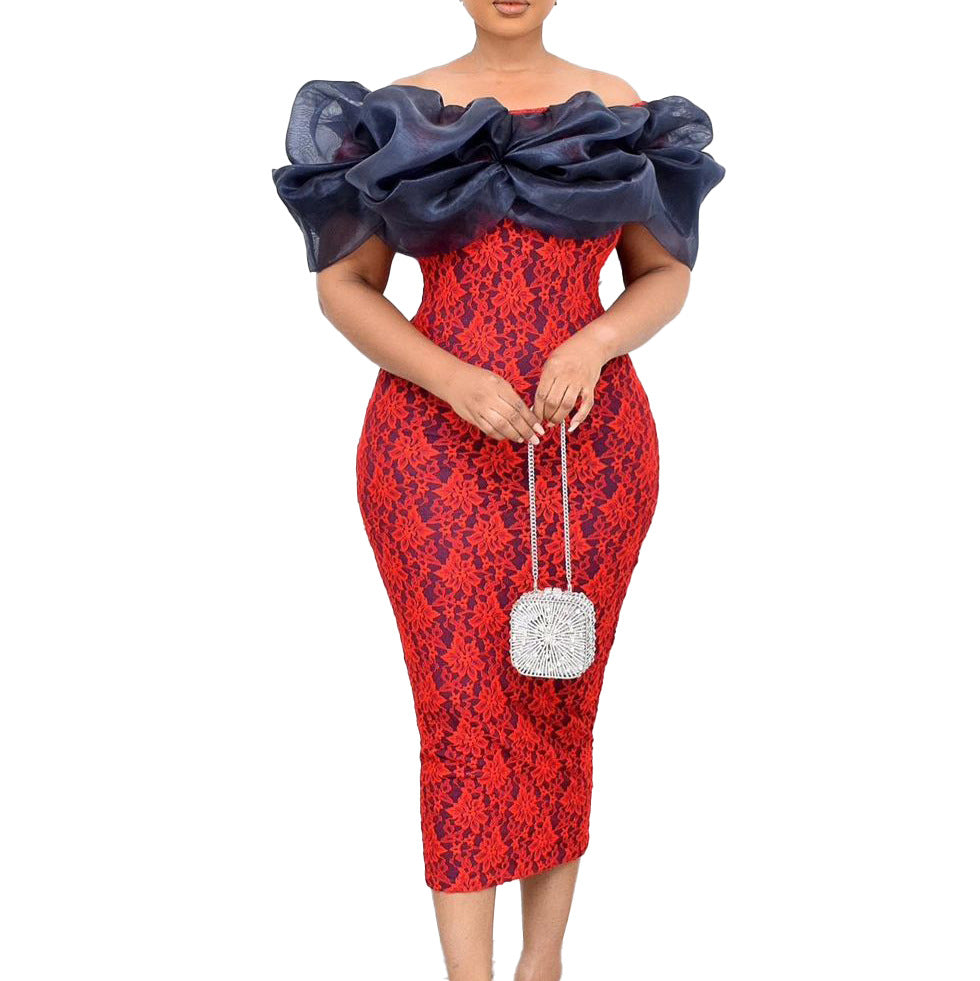 D189    new off-the-shoulder lace and mesh party dress - european and american style
