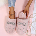 Rhinestone bow slippers women's 2024 new korean style closed-toe fuzzy slippers trendy autumn/winter indoor/outdoor cotton slippers