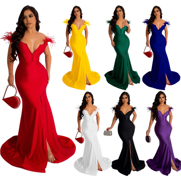 339 European and American  fashion women's clothing, ,  popular dress, solid color V-neck sleeveless split harpoon skirt