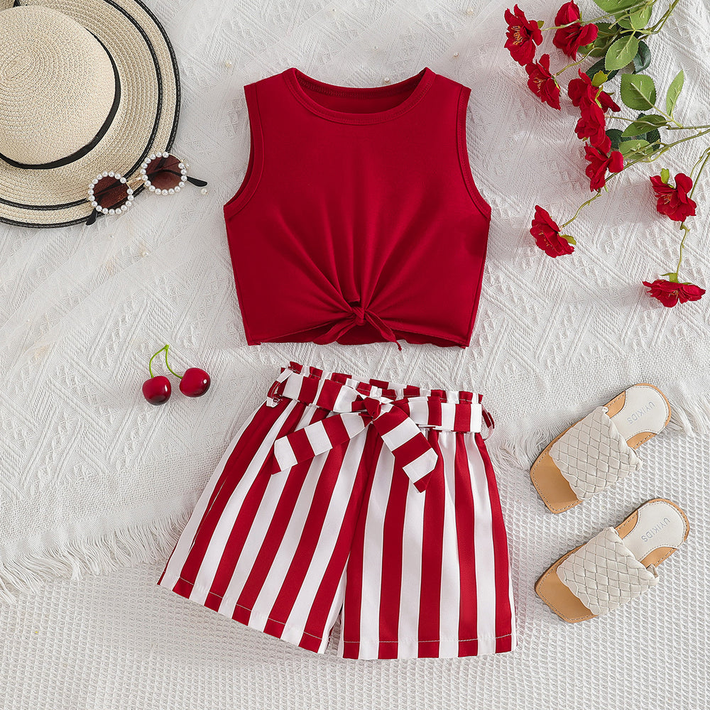 girls' round neck red tank top set - sleeveless top with striped shorts and belt - summer kids' two-piece outfit