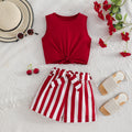 girls' round neck red tank top set - sleeveless top with striped shorts and belt - summer kids' two-piece outfit