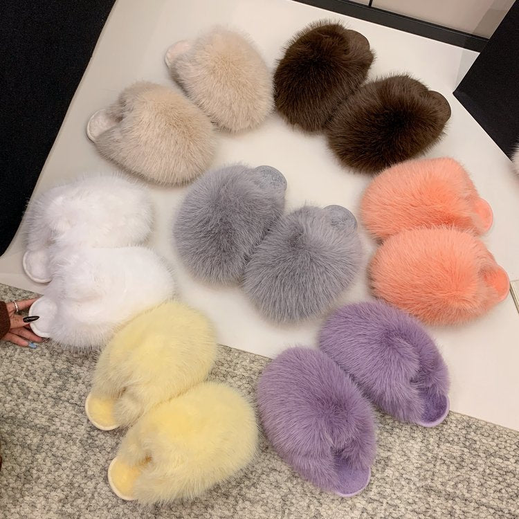 plus sizepure color fluffy large fur slippers soft bottom winter toe-cap home heattech multi-color cotton slippers