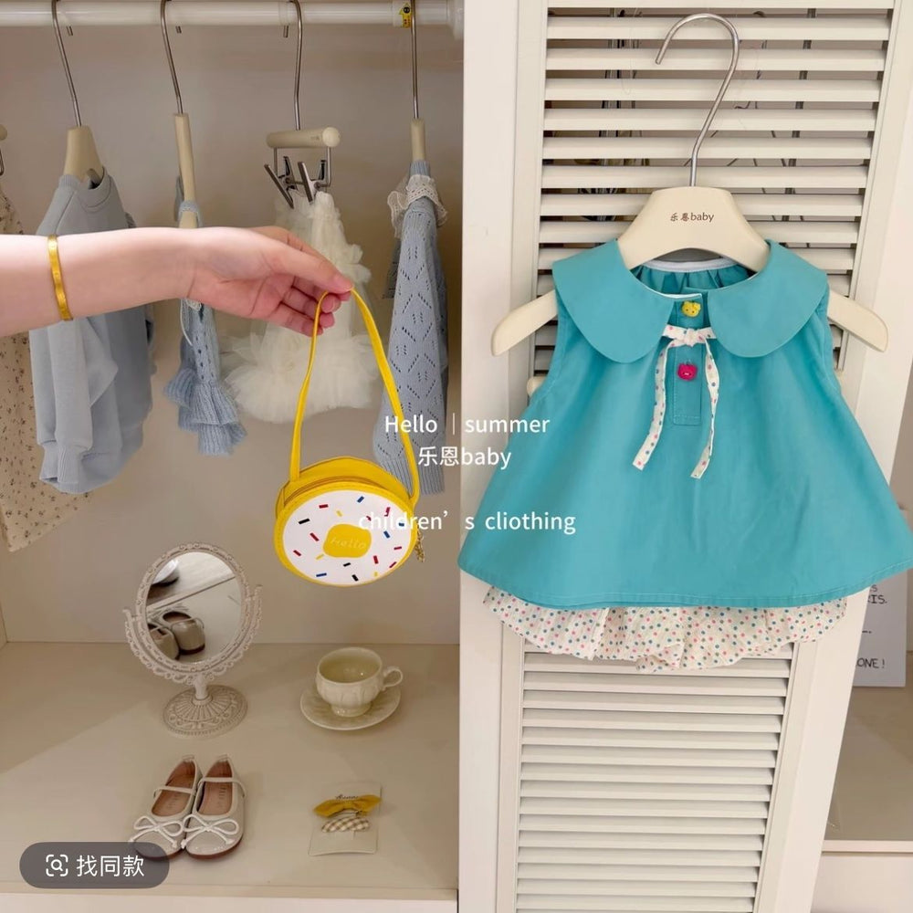 Kids forest style vest skirt two-piece setsummer travel small fresh outfit mint green tops and dot pants