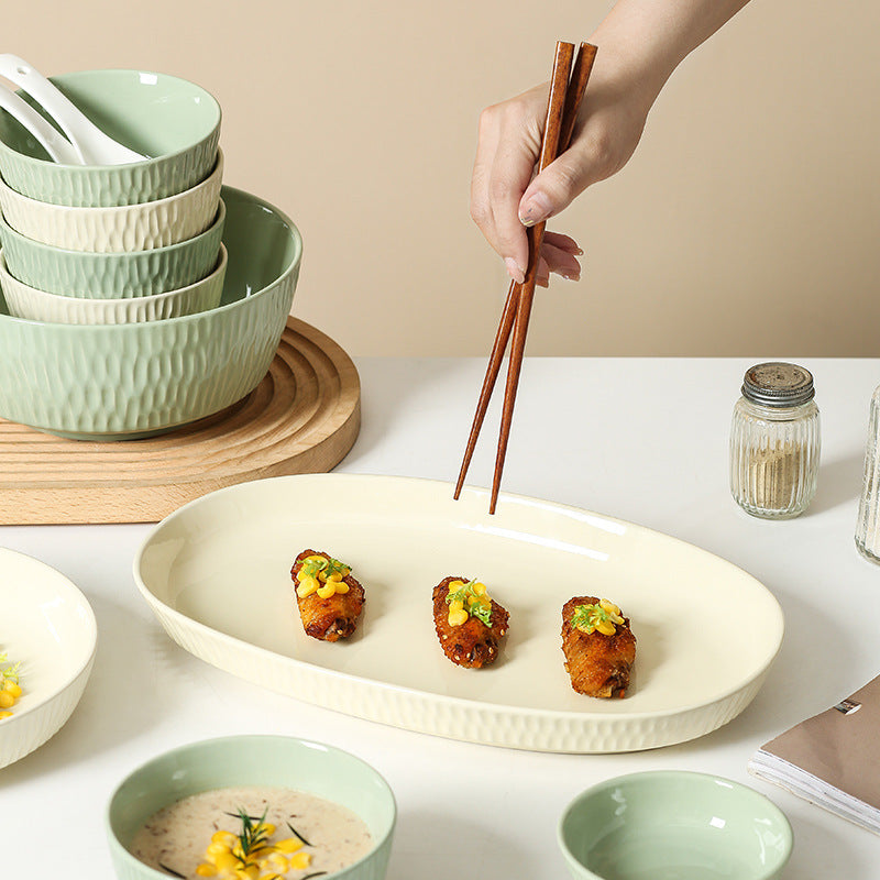 Minimalist nordic solid color fufu ceramic bowl, plate, and dish set - household rice bowl, fish plate, soup plate, and striped plate