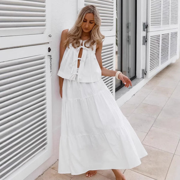 French elegant white cotton and linen lace-up vest long skirt two-piece set women's 2025 autumn temperament  skirt set