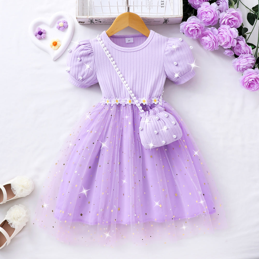 Girls' ribbed knit & mesh patchwork dress with crossbody bag (toddler/little kid)
