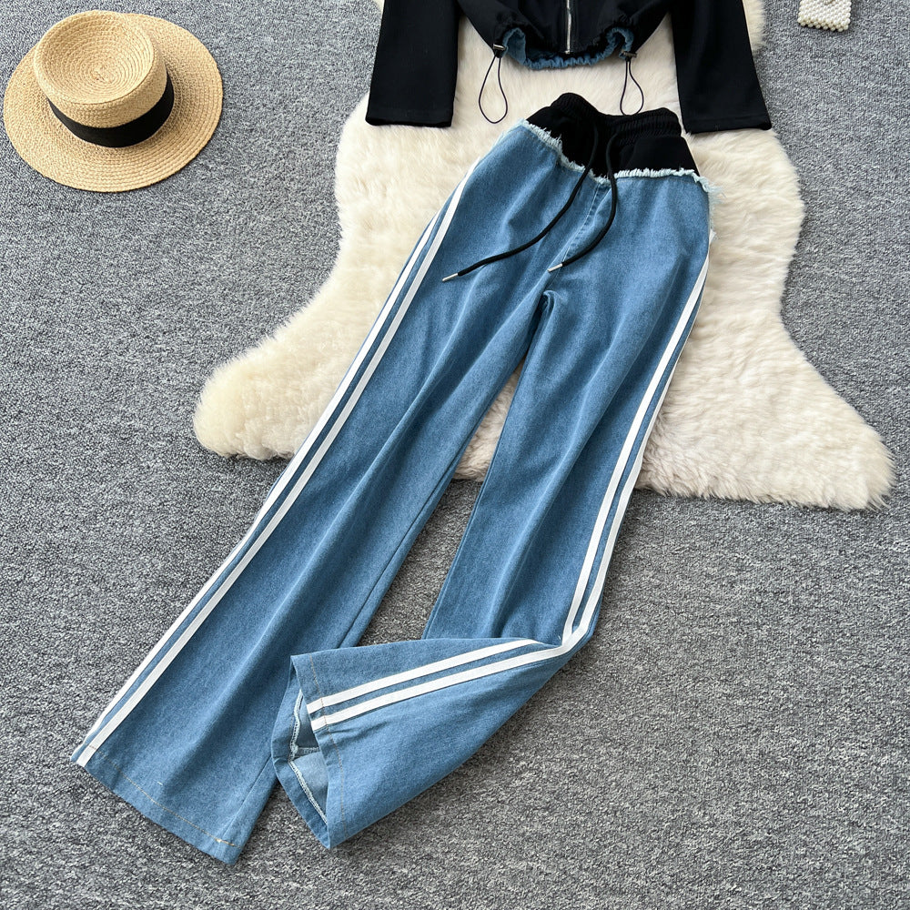 Stylish women's fall/winter outfit: premium patchwork long-sleeve denim top & high-waisted, slimming wide-leg straight-leg pants two-piece set