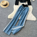 Stylish women's fall/winter outfit: premium patchwork long-sleeve denim top & high-waisted, slimming wide-leg straight-leg pants two-piece set