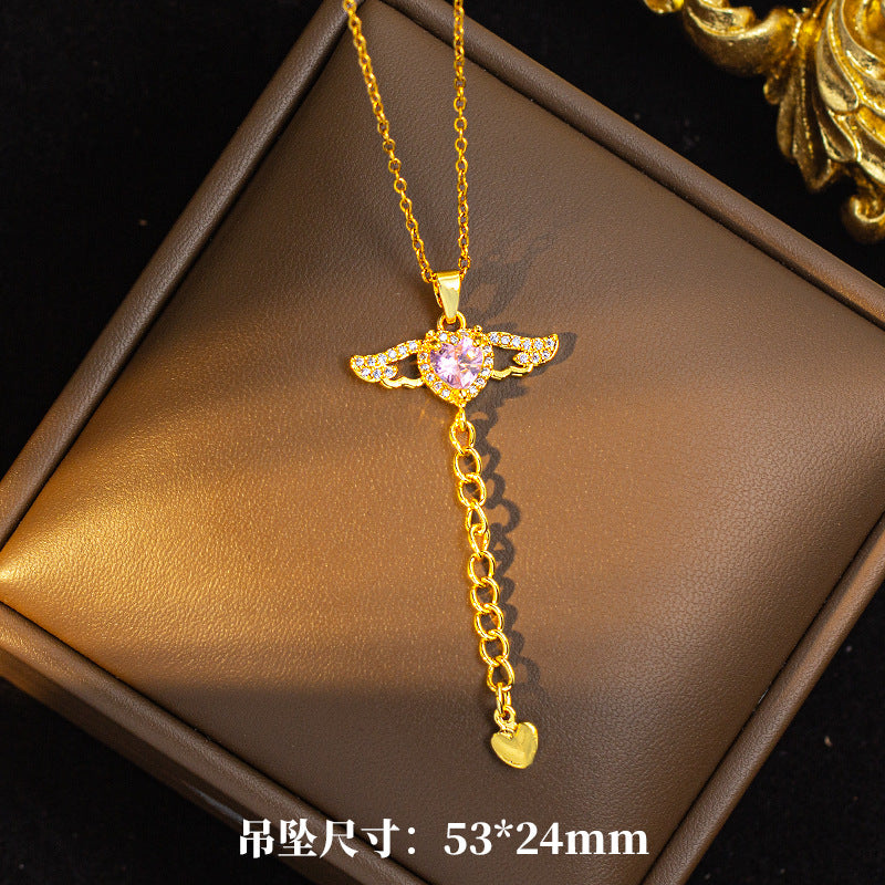 Hot-selling cupid angel wing tassel heart titanium steel necklace - premium, lightweight luxury, unique design, zircon-embellished sweater chain jewelry