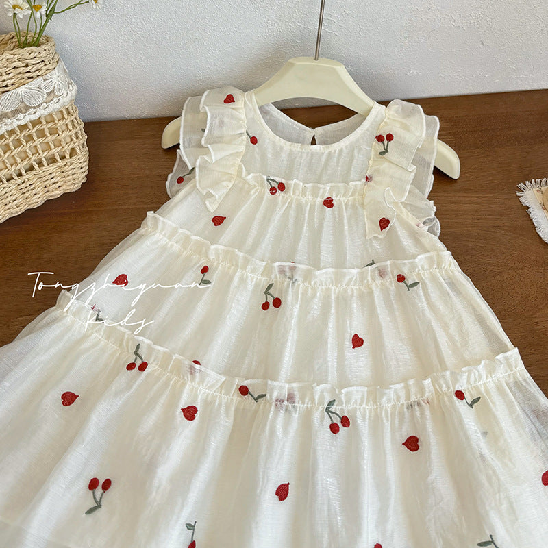Girls' summer new cherry embroidered dress - casual, stylish, and high-quality european-inspired children's wear for baby girls
