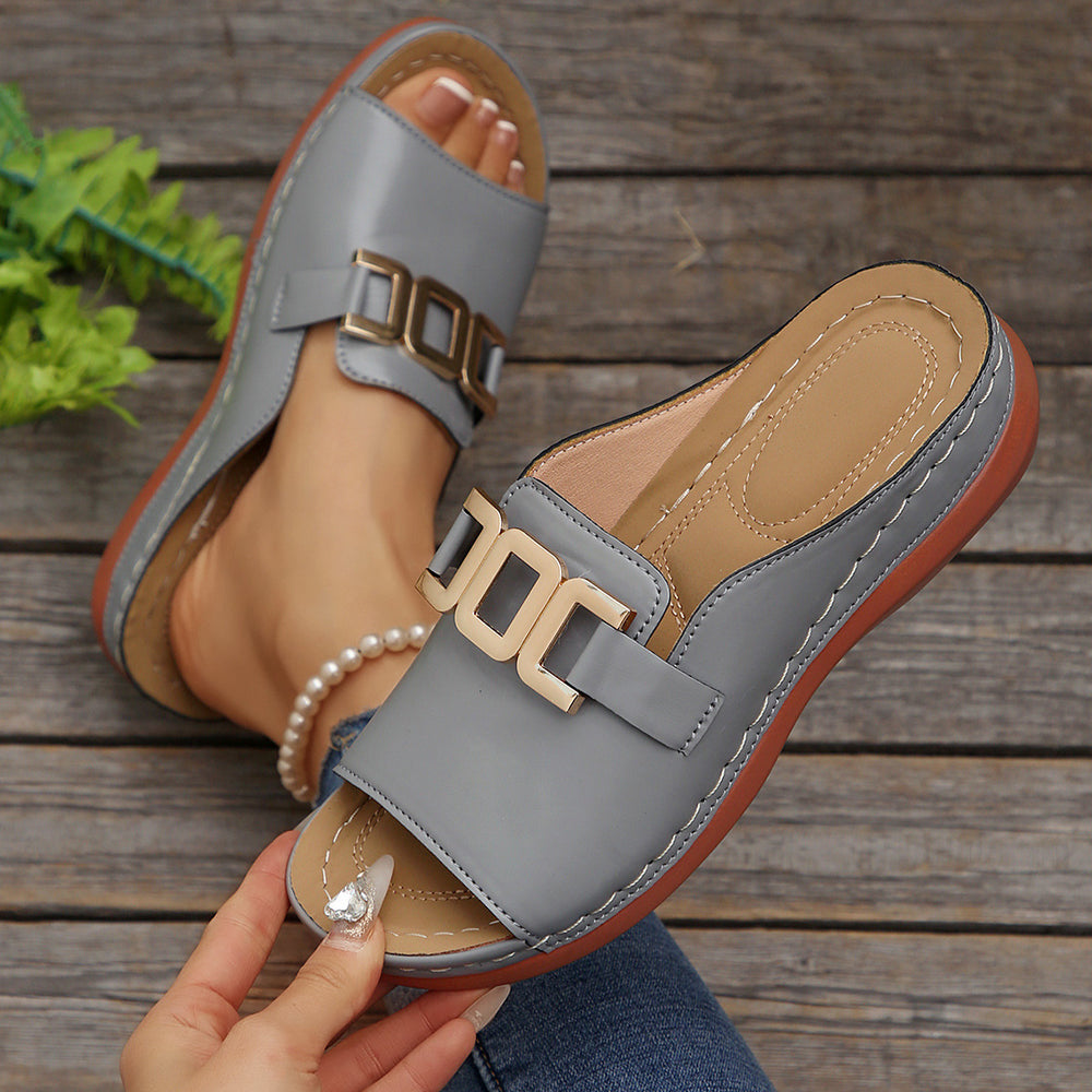 Southeast asia export buckle wedge open toe flip flops women's cross-border large size metal buckle fish mouth beach sandals