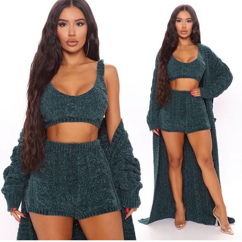 fashionfashiontube topshorts shawl three-piece set knitting jacquard sweaterwinterbest selling special big sale
