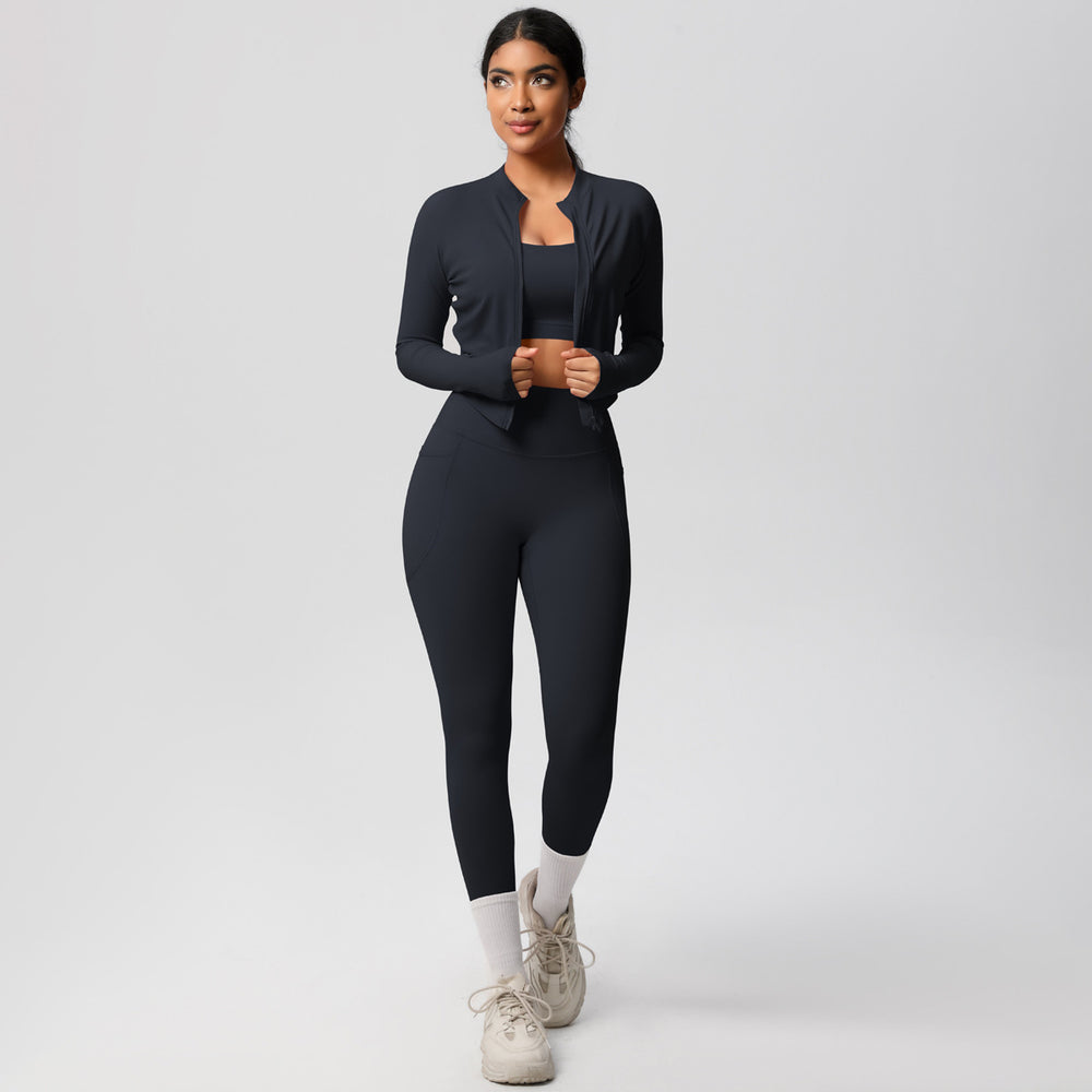 European and american new high-waisted tight-fitting pocket yoga outfit set - quick-dry brushed fabric, outdoor running fitness activewear three-piece set