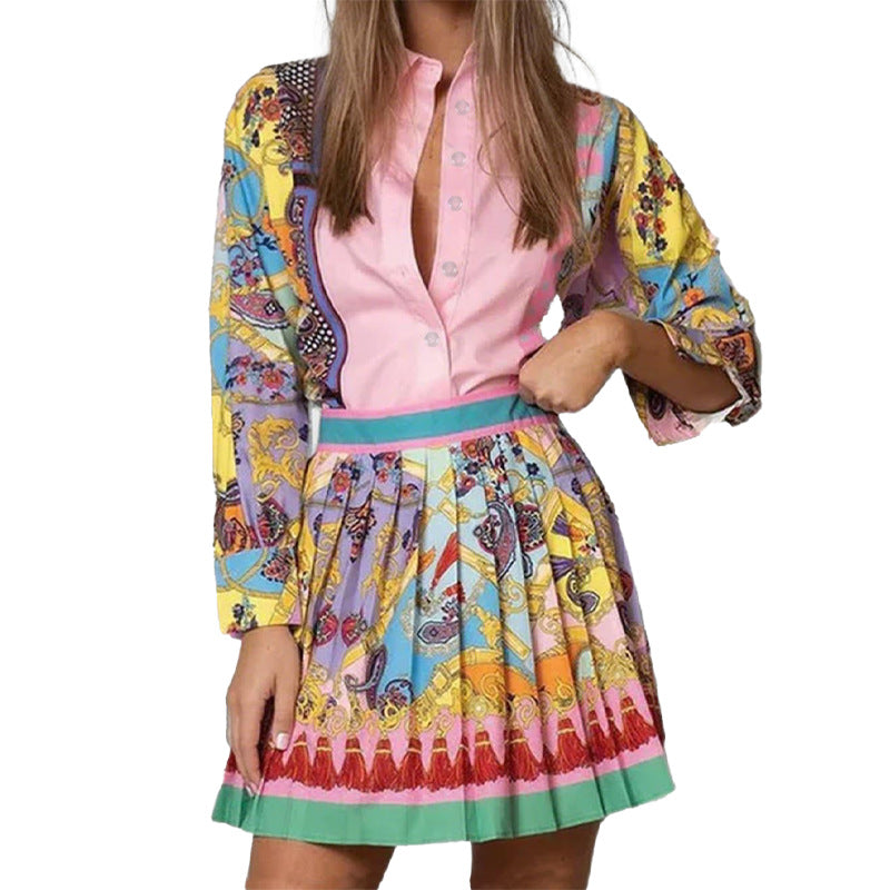 cross-border e-commerce european and american women's clothing: new summer collection - printed long-sleeve shirt and pleated skirt two-piece set