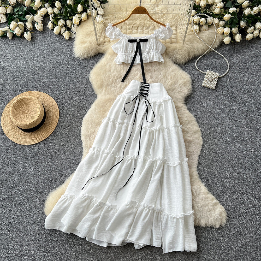 French sweet style off-the-shoulder puff sleeve top with tie-waist high-waisted tiered skirt slimming two-piece set - new summer collection for women