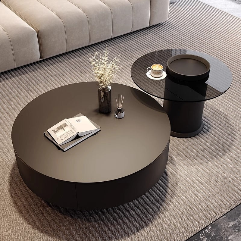 Black rock slab italian minimalist coffee table - modern simple living room home use, small to large round tea table, high-end designer style