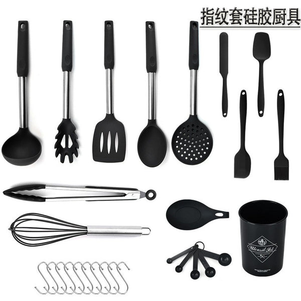 Silicone kitchenware set, stainless steel tube handle cooking spoon and shovel, 28-piece set of kitchen utensils, cross-border non-stick pan shovel.