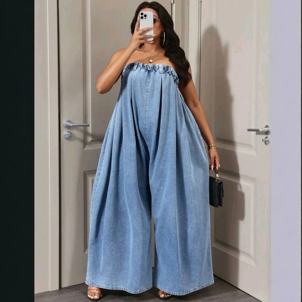 European and american style loose denim jumpsuit -  cross-border women's summer fashion sexy bandeau off-shoulder wide leg pants