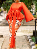 Evening elegance formal dress - printed patchwork flared sleeve cinched waist tie-up bow slim fit dress