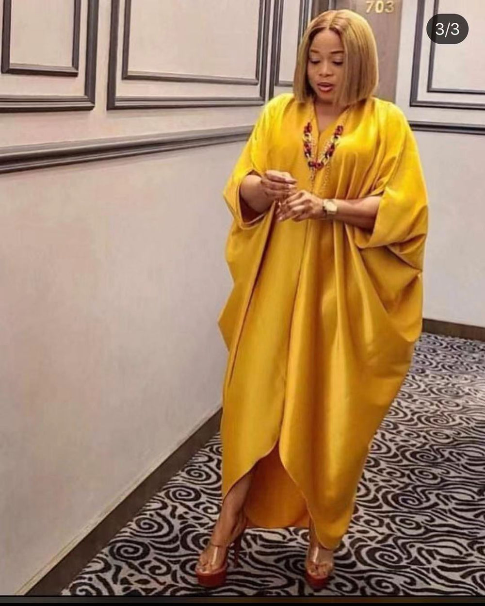 Glossy silky satinloosev neck bat sleeve mid-sleeve plaidfashion long skirt dress cross-border supply