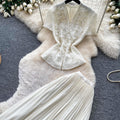 French chic v-neck lace embroidered top & high-waisted pleated skirt two-piece set - elegant & slimming summer outfit
