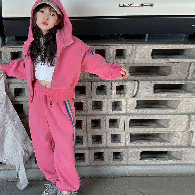 Girls' spring outfit set  new korean style kids' fashionable hooded jacket and sweatpants two-piece trendy set