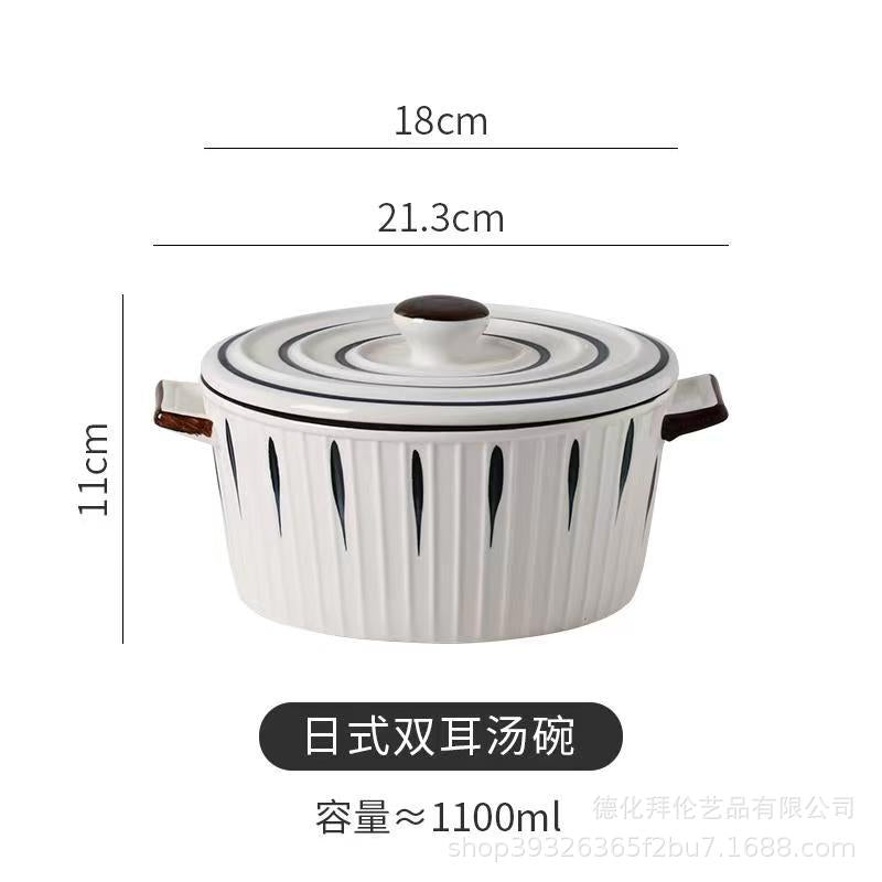 Japanese tableware hand-painted ceramic bowls, plates, salad suit combination, large bowl, double ears, creative stylish breakfast soup bowl
