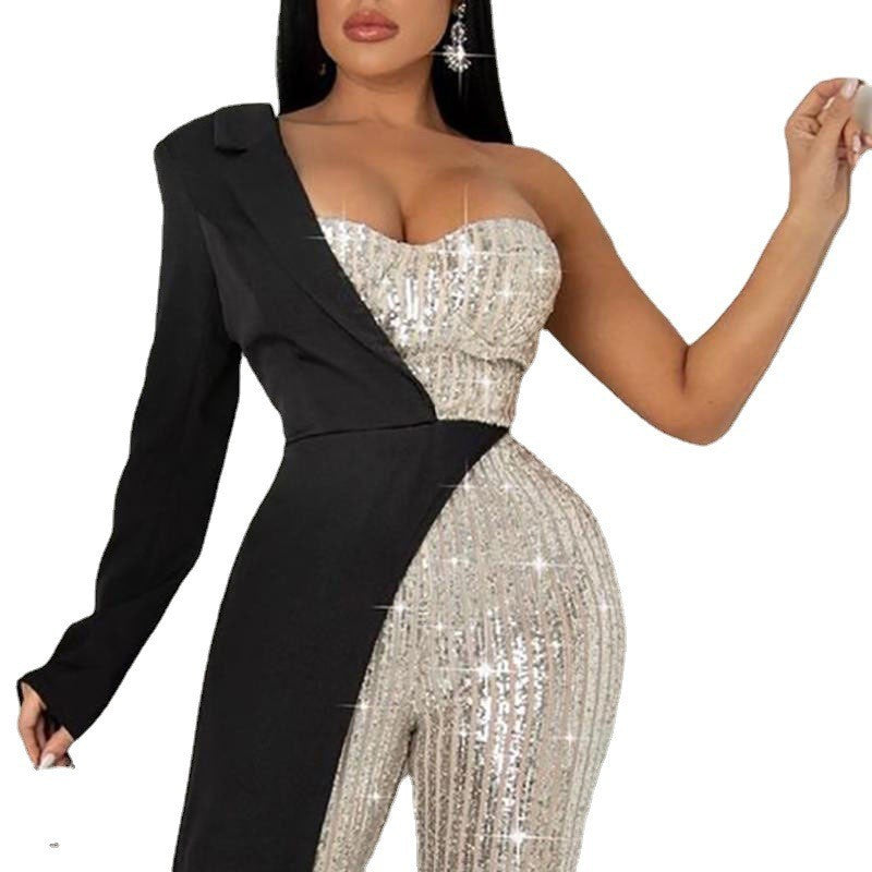new european and american cross-border e-commerce independent website women's silver sequin patchwork one-shoulder fashion sequin jumpsuit