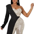 new european and american cross-border e-commerce independent website women's silver sequin patchwork one-shoulder fashion sequin jumpsuit