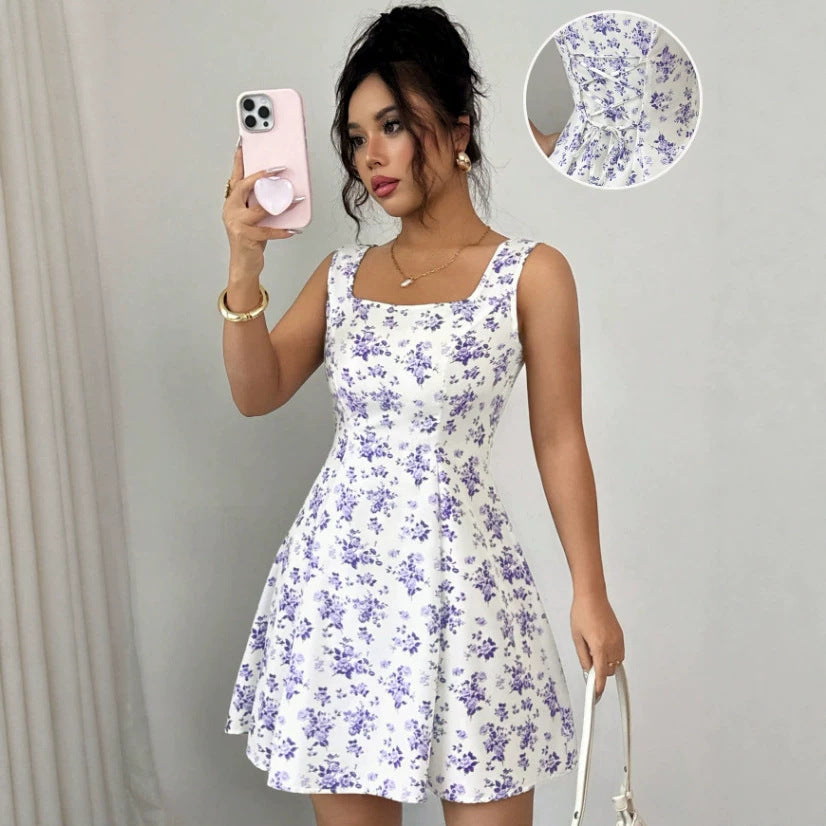 new floral print tie-waist dress for cross-border e-commerce: perfect for dates and shopping spree (, , us & european styles)