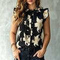 Simple retro floral print sleeveless top with ruffle neck and bow tie – casual commute women's apparel, 1688 source