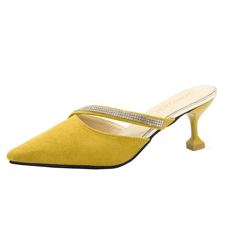 Foreign trade wholesale thin heel cool slippers women's 2023 new bag head pointed rubber thin heel high heel suede cool slippers women