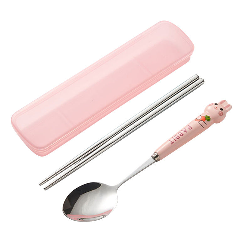 Cartoon rabbit portable cutlery set - 3-piece stainless steel spoon and chopsticks with ceramic handle