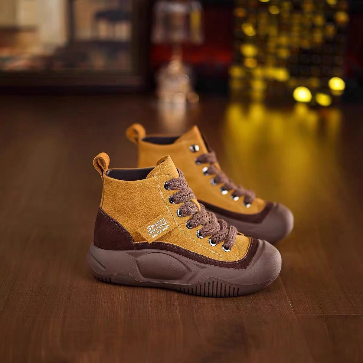 Fashion thick-soled soft leather high-top shoes for women's 2024 autumn new Korean version of versatile soft-soled women's casual sports shoes for women