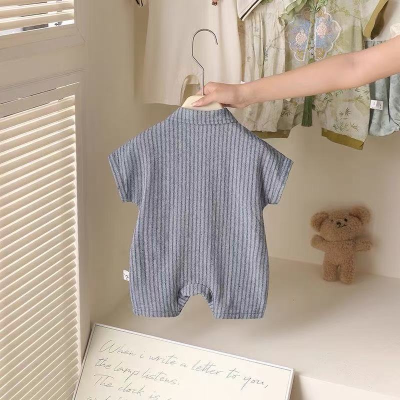 Infant and toddler boys' summer clothing,  summer collection. korean-style casual striped design, short-sleeved romper/hooded onesie for outings and crawling