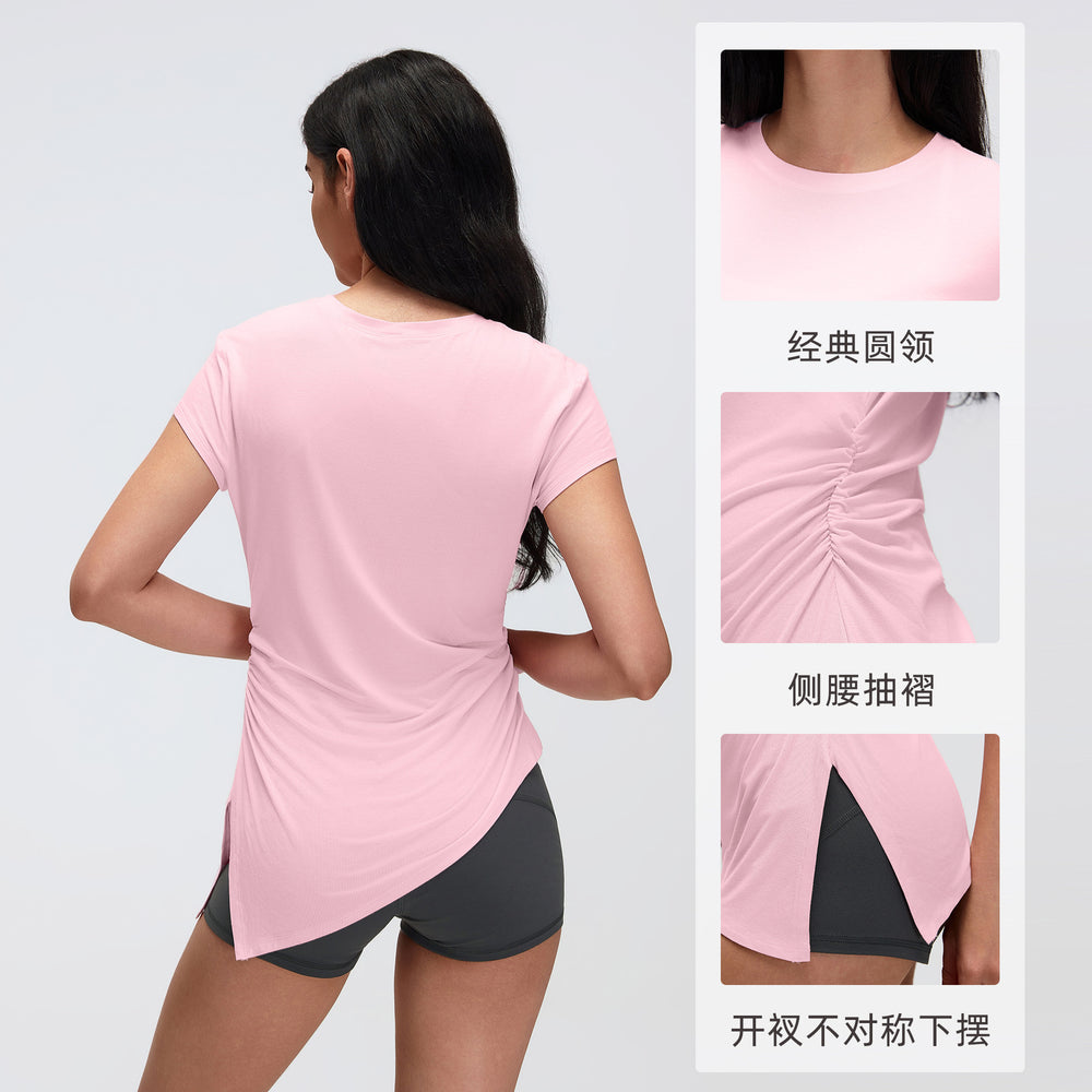 Summer crew neck activewear short sleeve women's ruched waist slimming yoga top running fitness t-shirt d26071