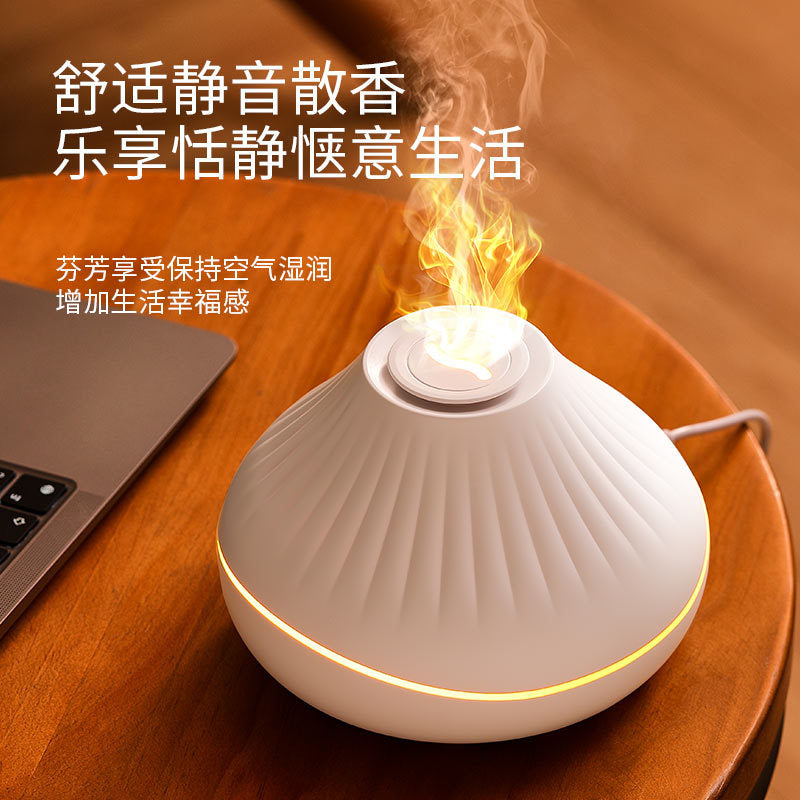 new flame aroma diffuser, usb powered for home, hotel, and office desktop use, with colorful lights, automatic scent dispenser, and humidifier function