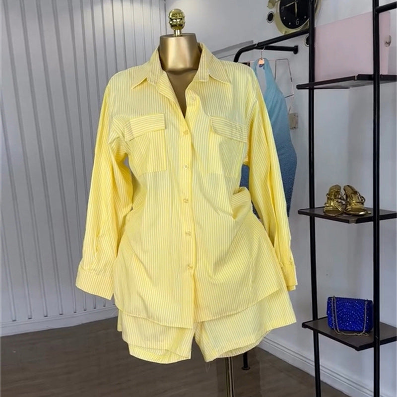 European and american cross-border women's fashion  autumn new arrival: elegant turn-down collar yellow striped long-sleeve shirt and wide-leg shorts set