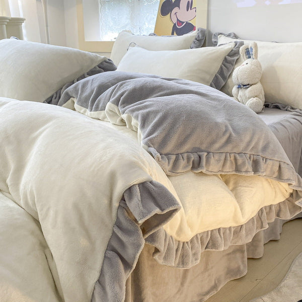 Milk fleece bed four-piece winter thickened coral fleece bed sheet quilt cover lace flannel quilt cover fleece bedding